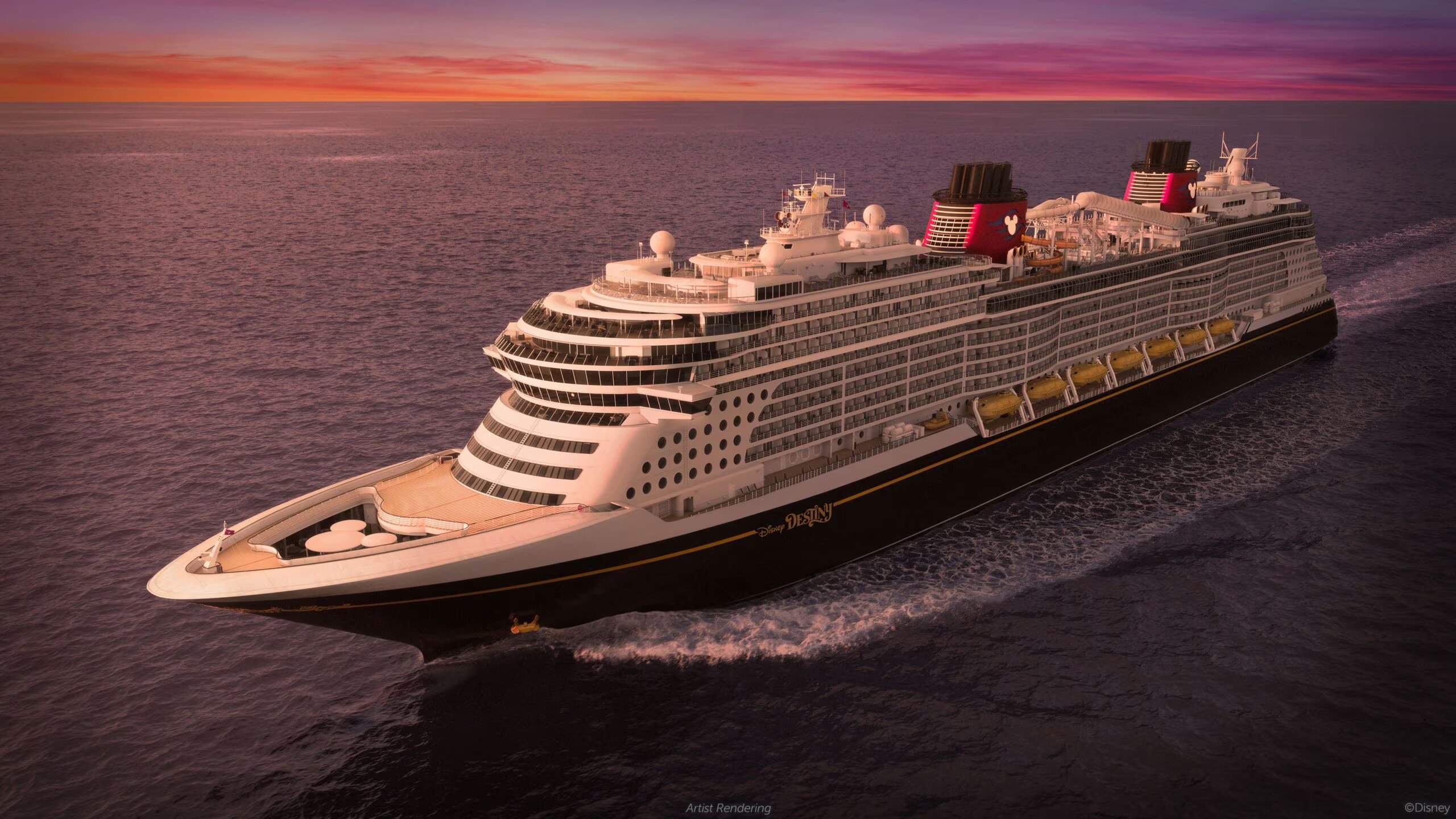 Rendering of Disney Destiny Cruise Ship at Sea Rendering of Disney Destiny cruise ship sailing at sea with gold trim and Peter Pan-themed stern