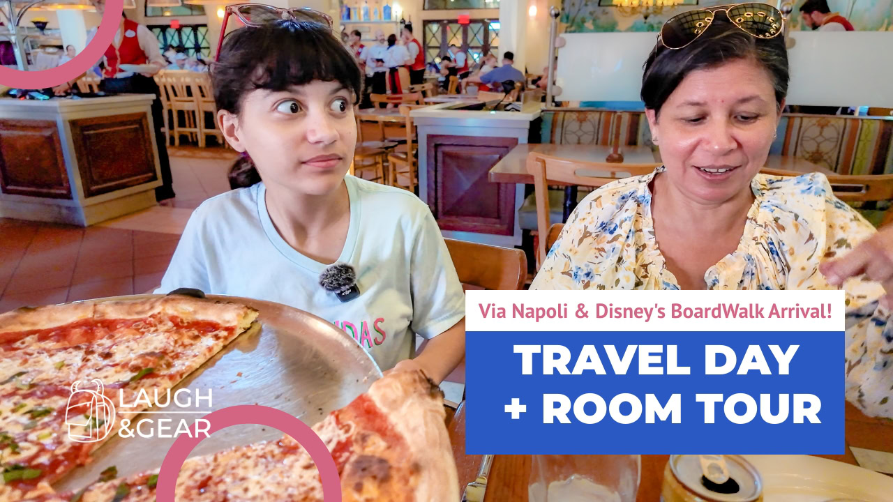 Daniela and Lucy from Laugh and Gear enjoy pizza at Via Napoli before their Disney BoardWalk Villas pre-cruise stay.