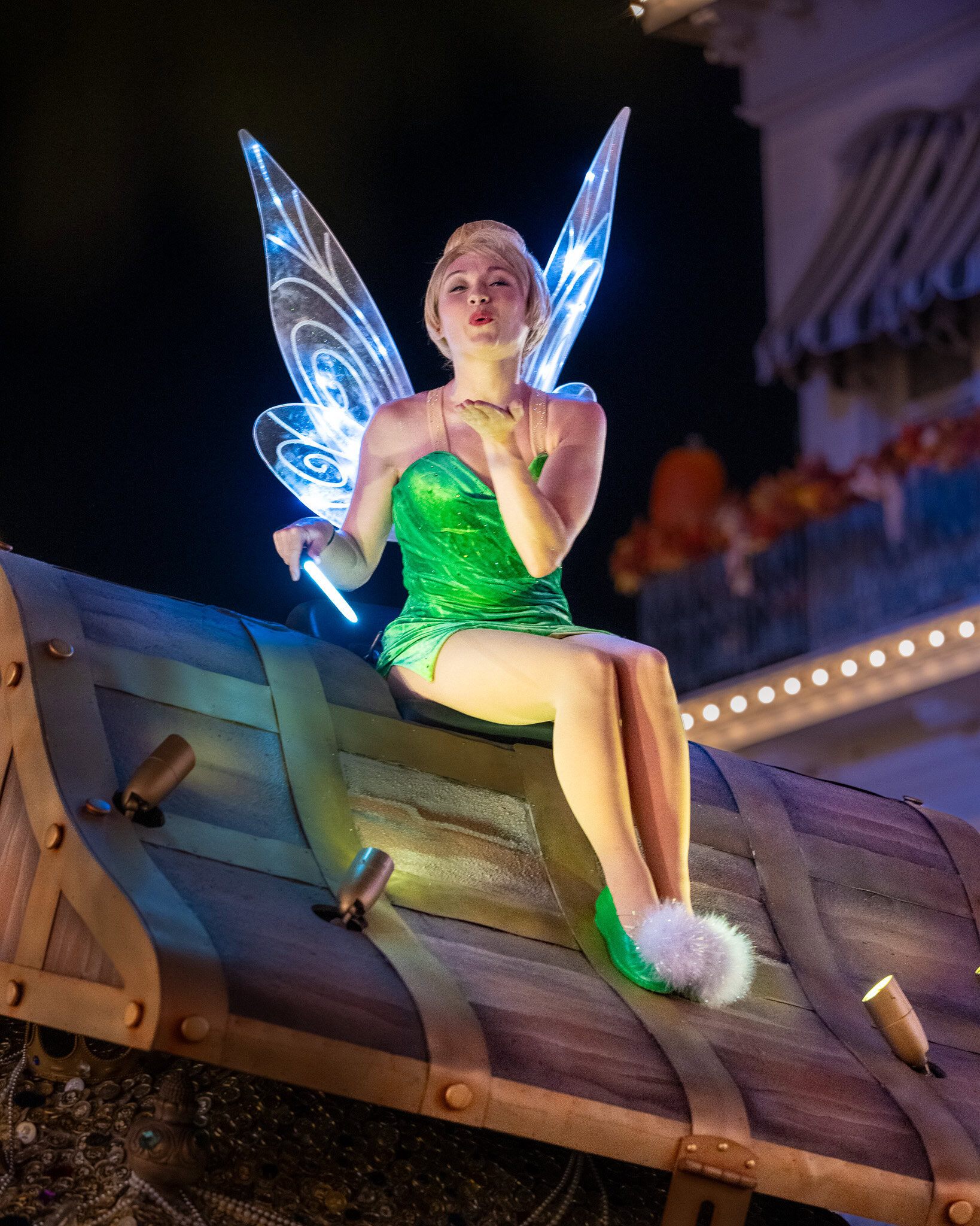 Tinker Bell at Mickey’s Boo to You Parade Tinker Bell waving and blowing a kiss during Mickey’s Not So Scary Halloween Party Boo to You Parade.