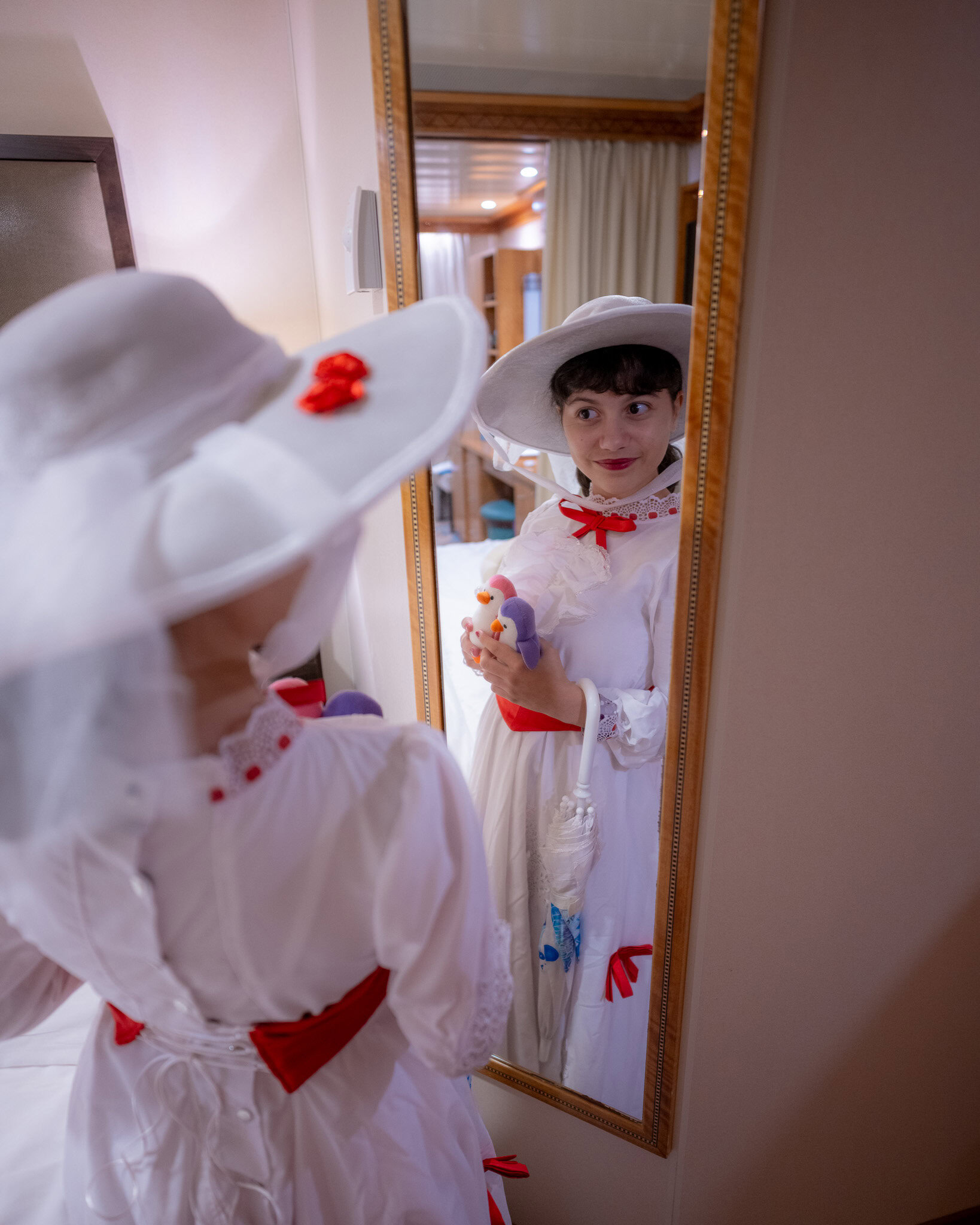 Daniela dressed as Mary Poppins preparing for Halloween on the High Seas aboard the Disney Magic cruise from San Juan.
