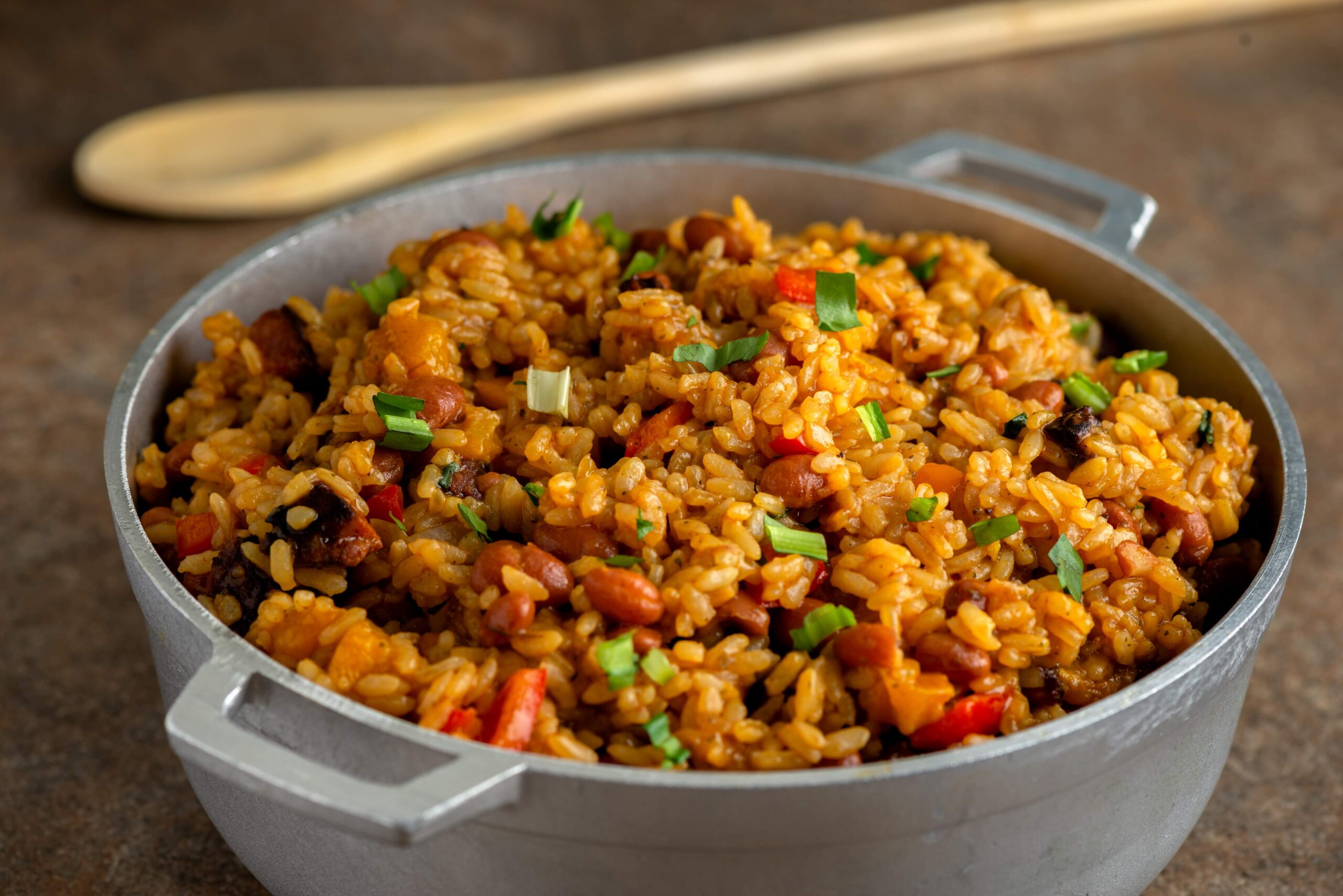 Arroz mamposteao with beans, peppers and scallions served in a rustic pan by a private chef in Puerto Rico.
