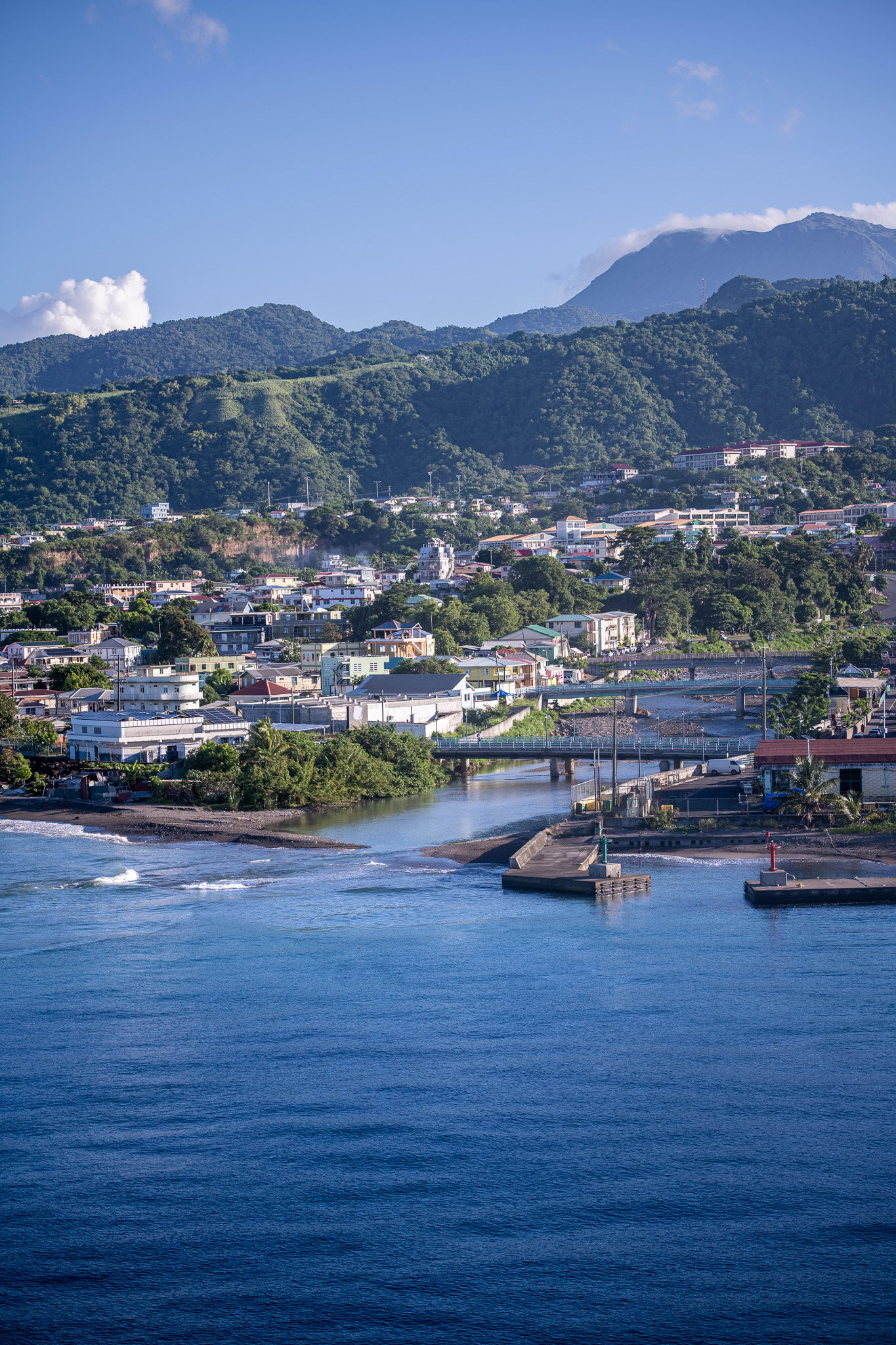 Dominica coastline and town view from Disney Magic cruise ship while docking in port
