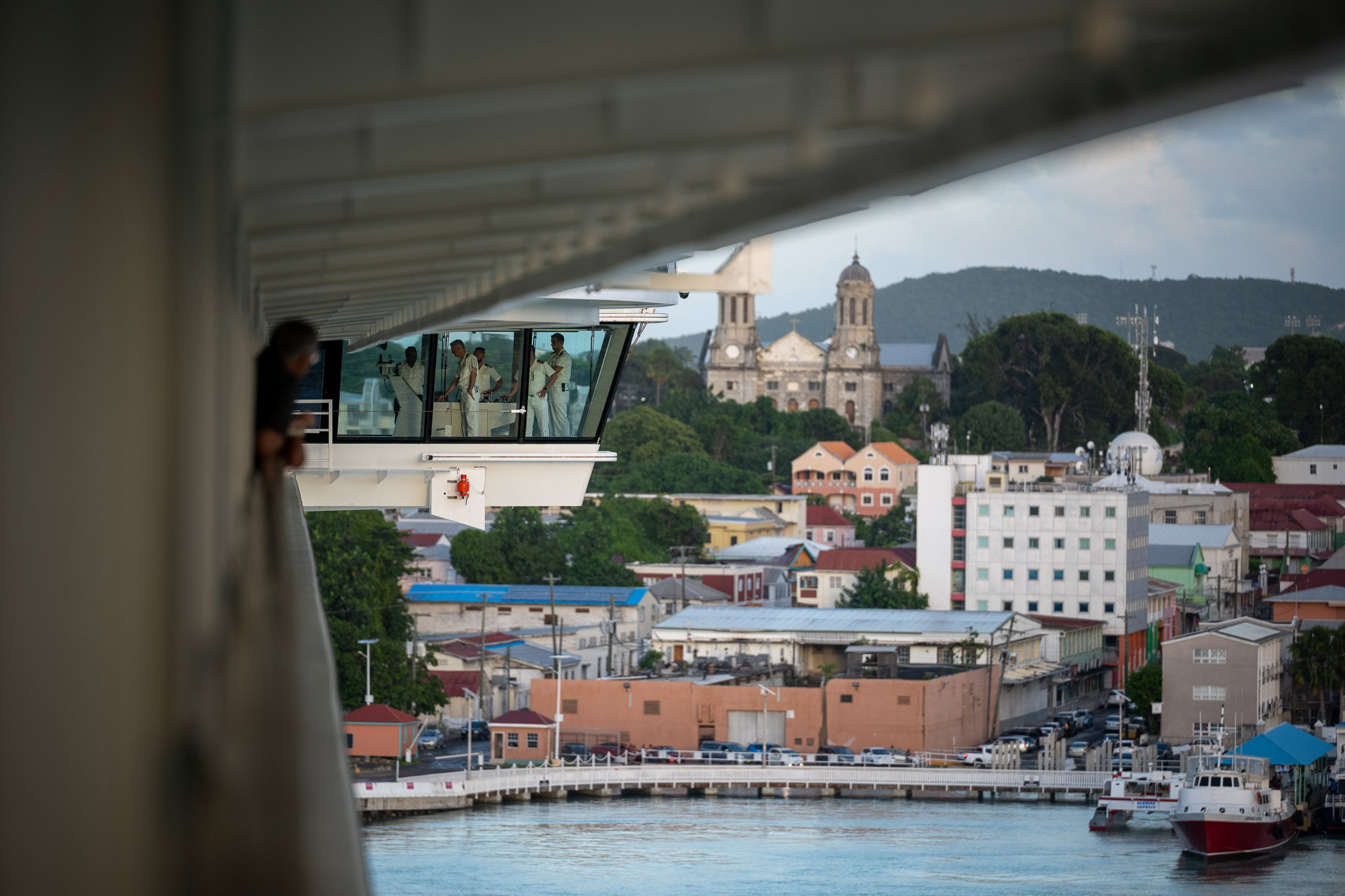 Deck Officers and View of Antigua Disney Dream officers viewed from ship with Antigua backdrop