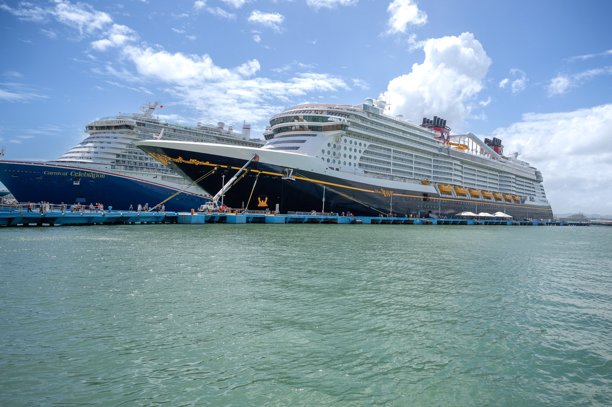 Disney Treasure cruise ship docked next to Carnival Celebration in San Juan, Puerto Rico