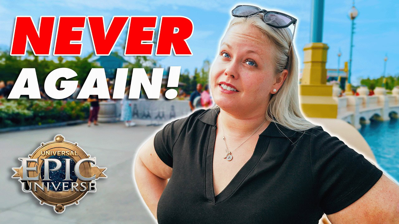 Laura from Travel Spree reacting with amusement in front of Epic Universe theme park