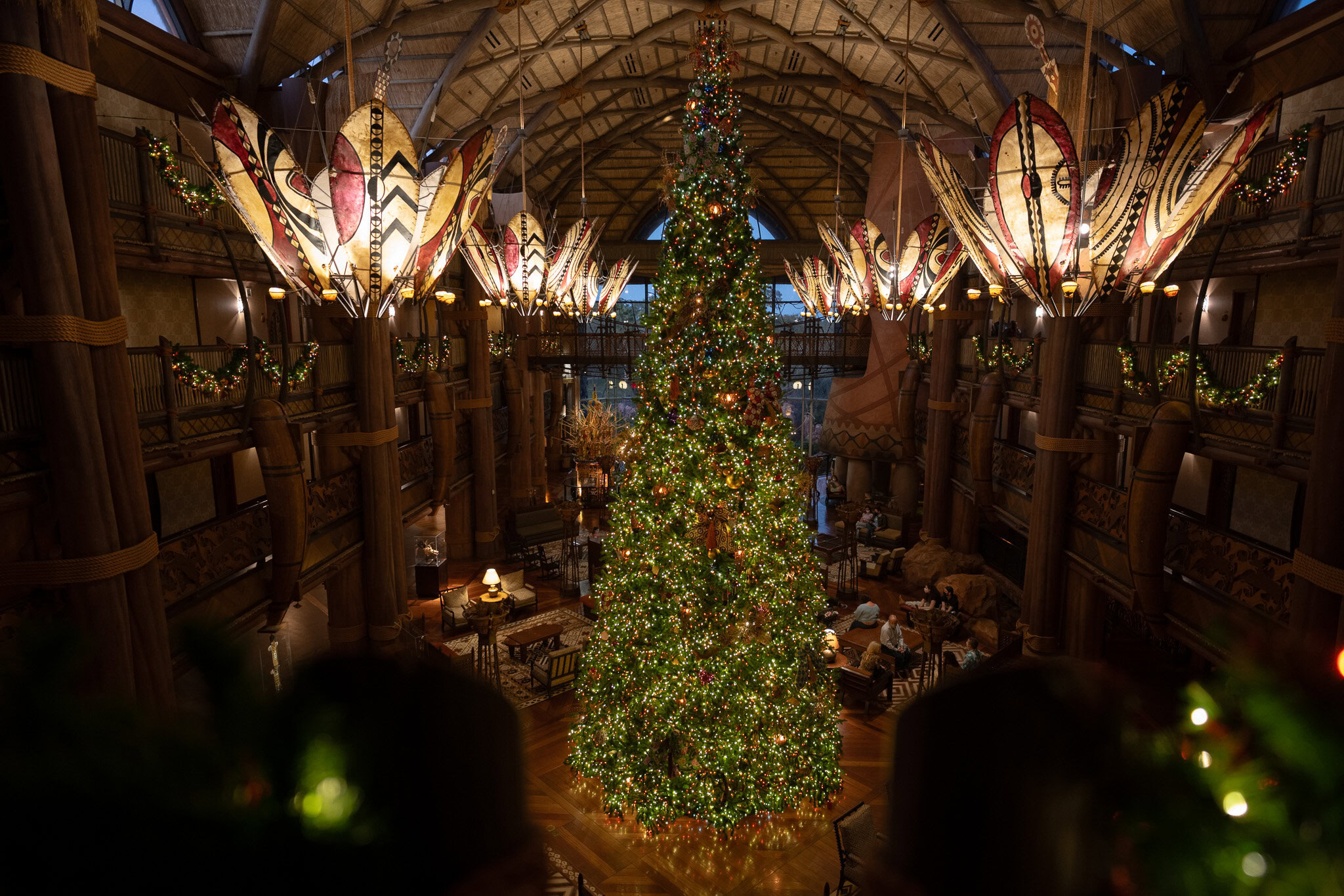 Animal Kingdom Lodge Holiday Tree from Club Level Overhead view of the Christmas tree in Animal Kingdom Lodge from Club Level.