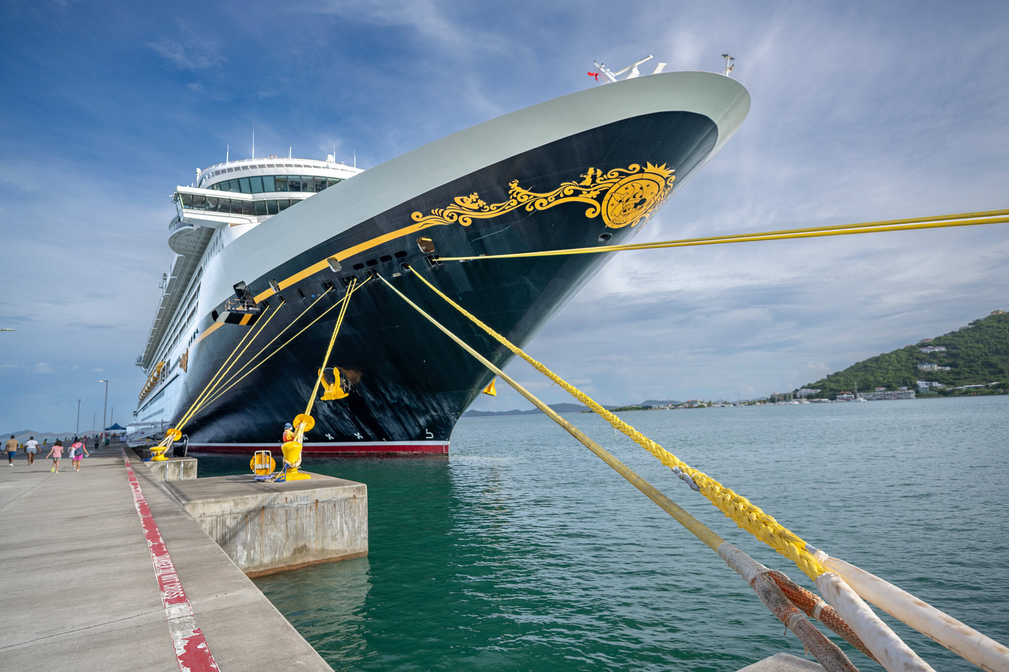 Disney Fantasy cruise ship docked at Tortola port in the British Virgin Islands