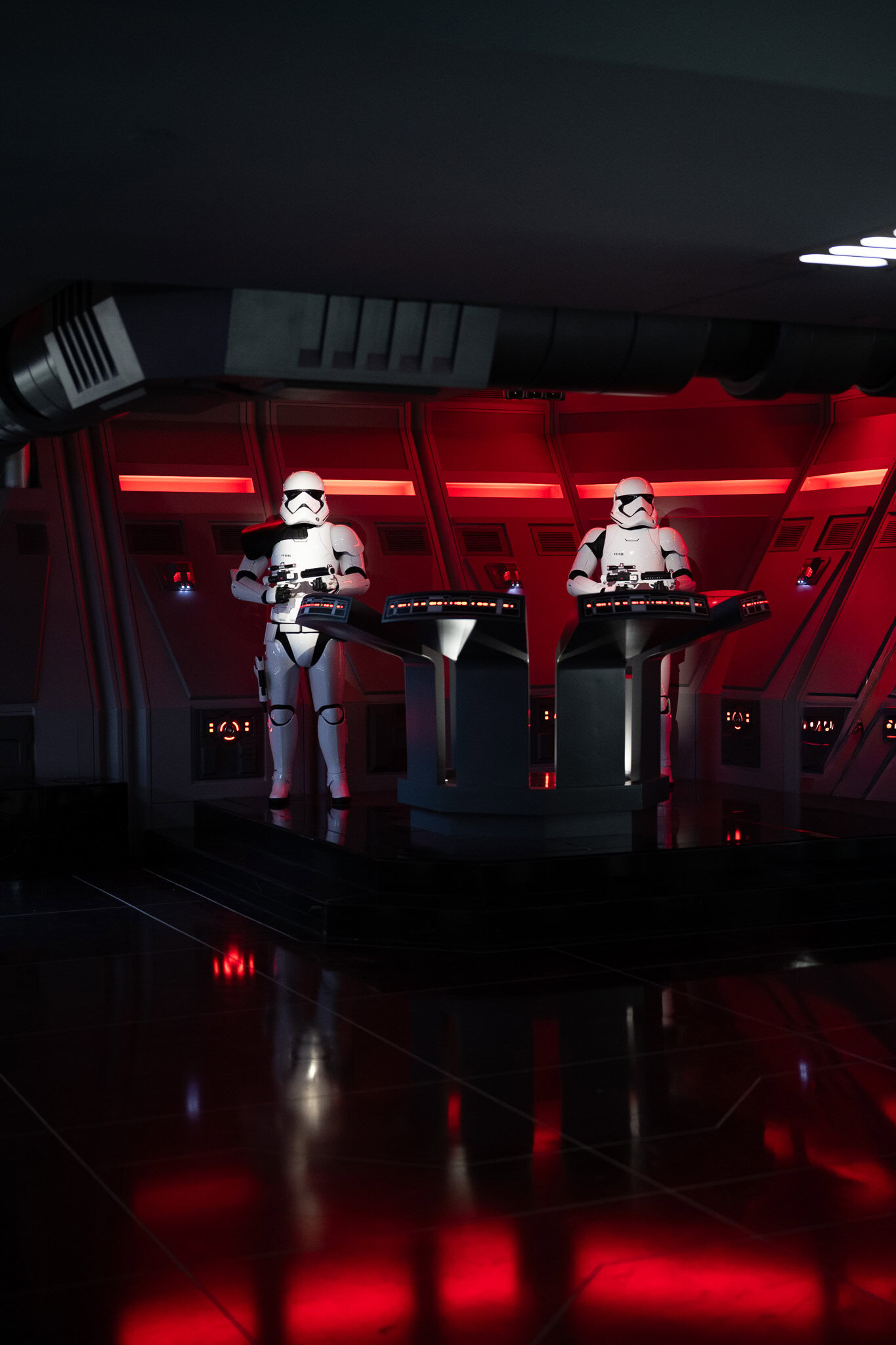 First Order Stormtroopers inside the Star Destroyer hangar on Star Wars: Rise of the Resistance at Disney's Hollywood Studios.
