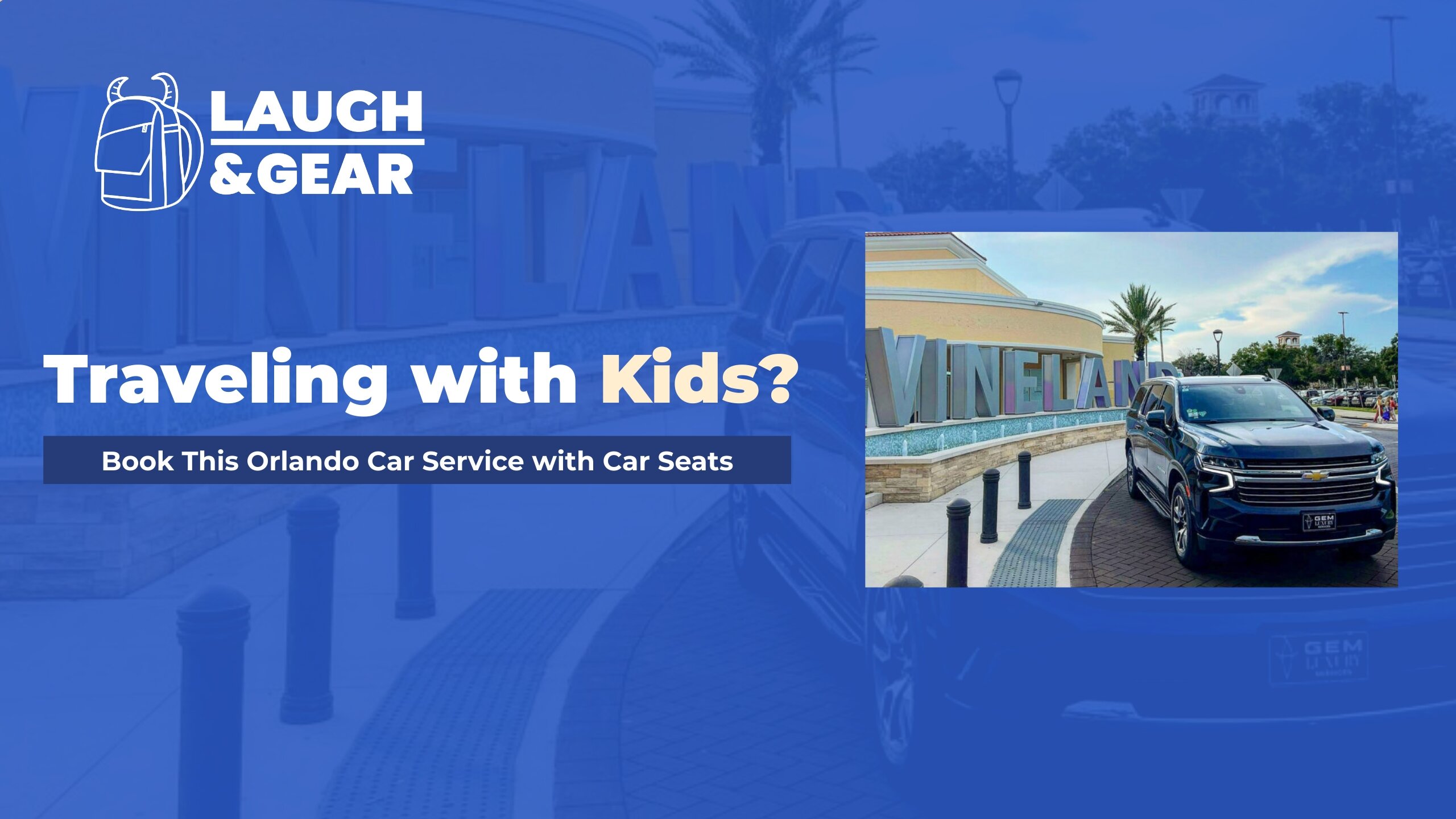 Black SUV from Gem Luxury Services parked at Orlando Vineland Premium Outlets, promoting family-friendly car service with car seats.