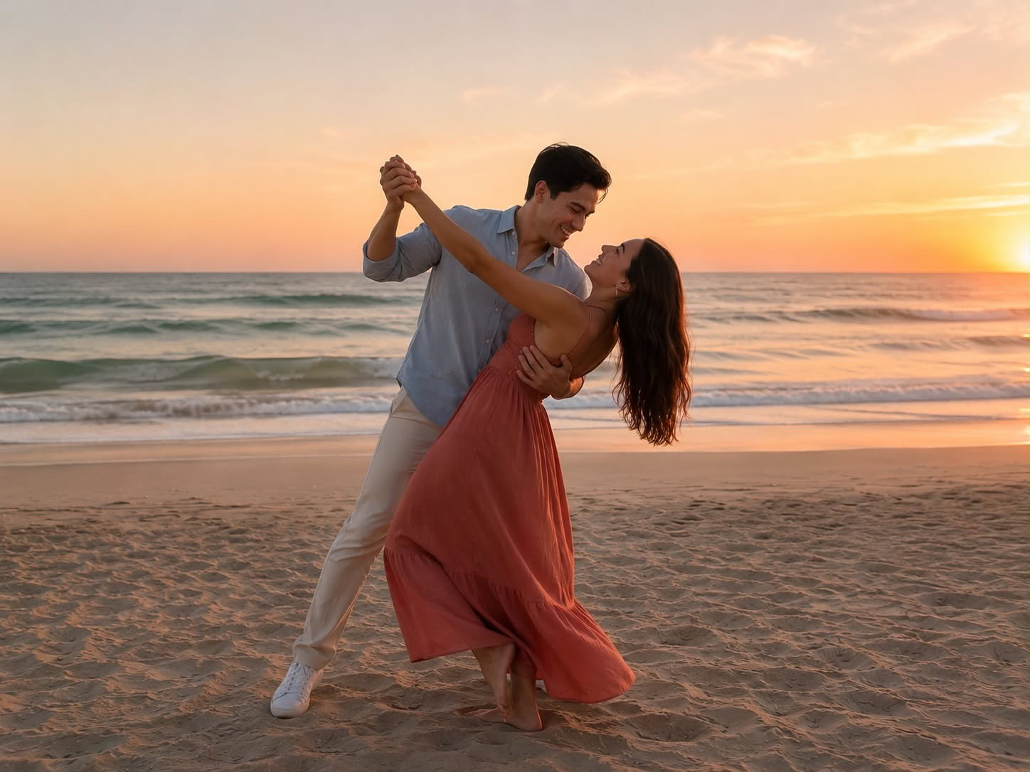 Couple dancing Salsa on Ocean Park Beach during a private sunset dance experience in San Juan, Puerto Rico.