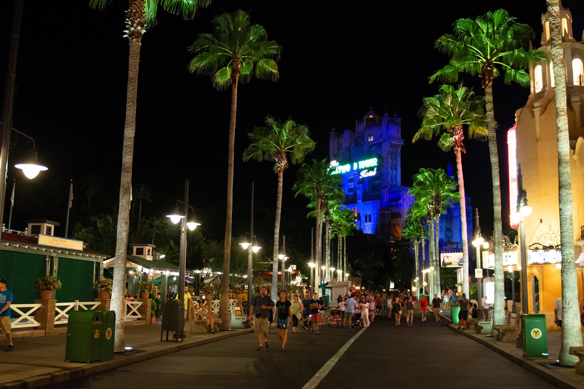 Nighttime view of Sunset Boulevard with The Twilight Zone Tower of Terror in Disney's Hollywood Studios.