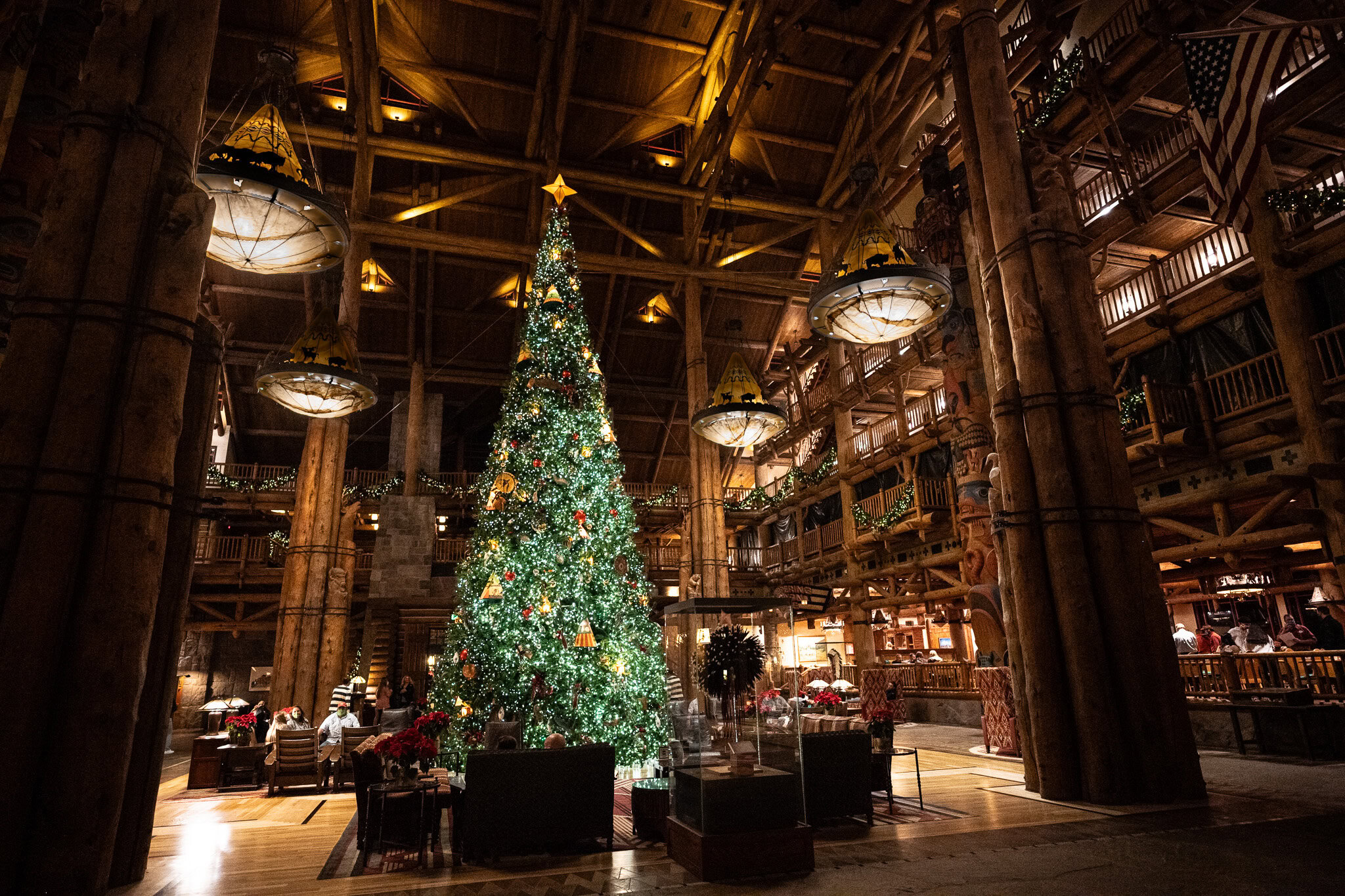 Holiday Tree in Wilderness Lodge Lobby at Walt Disney World Christmas tree inside the Wilderness Lodge lobby at Walt Disney World decorated for the holidays.