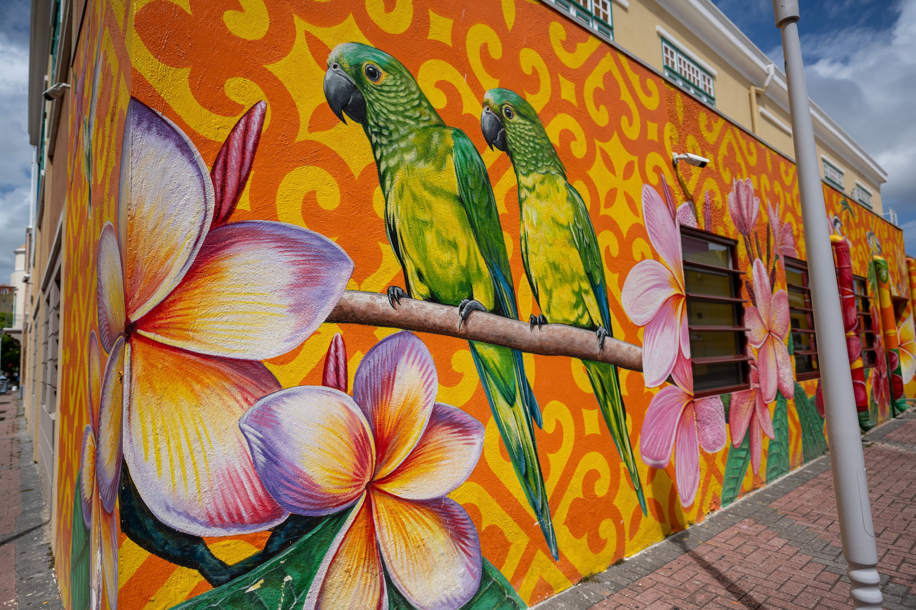 Colorful parrot and frangipani street mural in Willemstad, Curaçao.