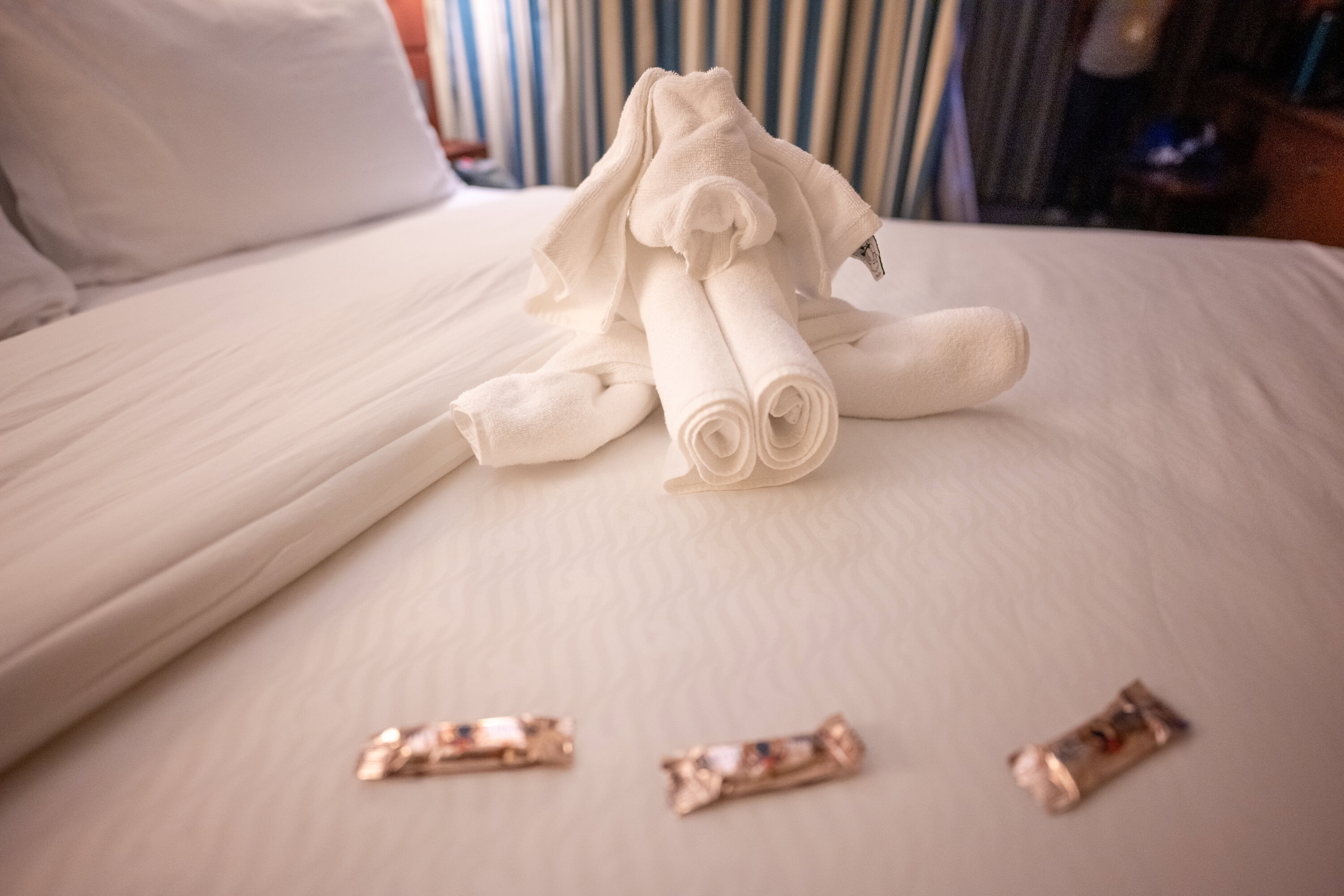 White towel animal on a cruise stateroom bed with wrapped chocolates.