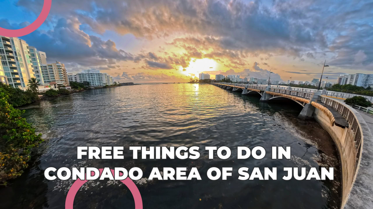 Sunset view of Condado Lagoon and bridge in San Juan, Puerto Rico with city skyline and waterfront buildings in the background.