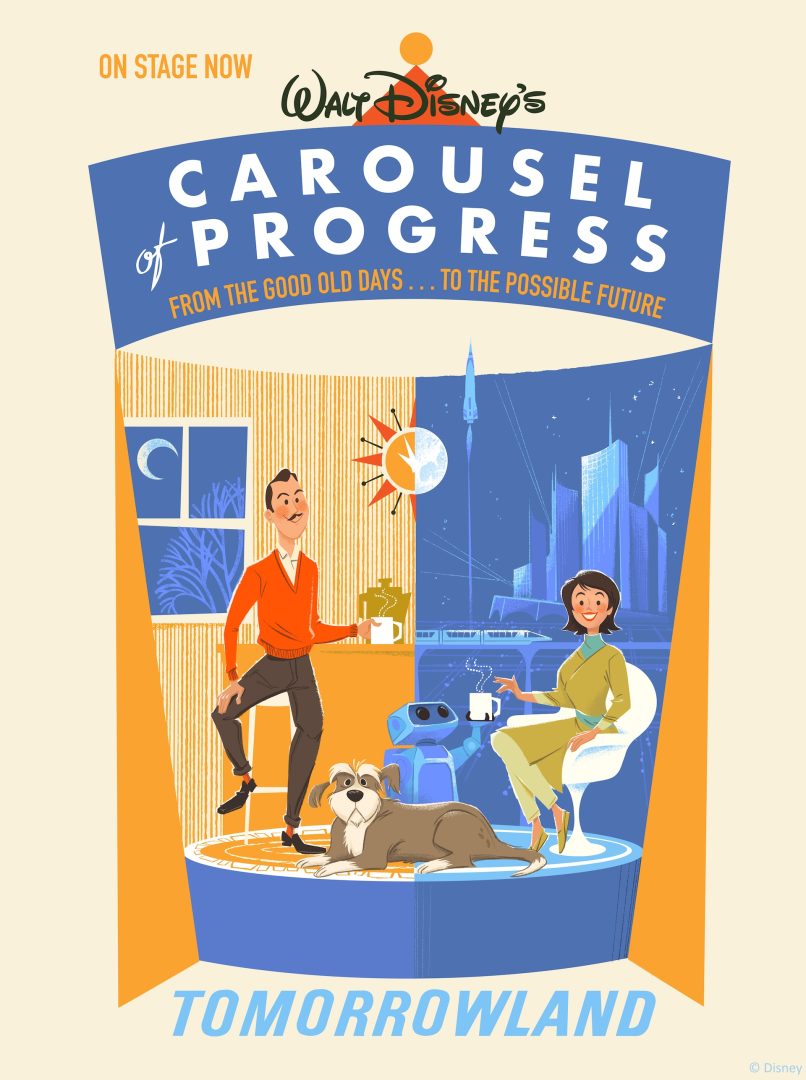 Retro-style Carousel of Progress poster featuring the future scene and Tomorrowland at Magic Kingdom.