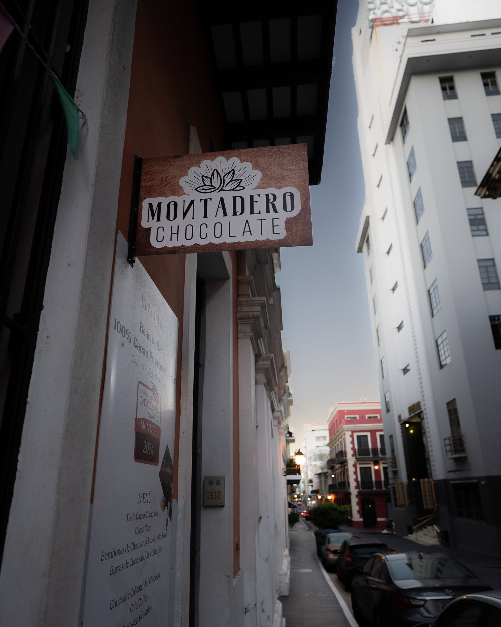 Montadero Chocolate storefront sign in Old San Juan Puerto Rico