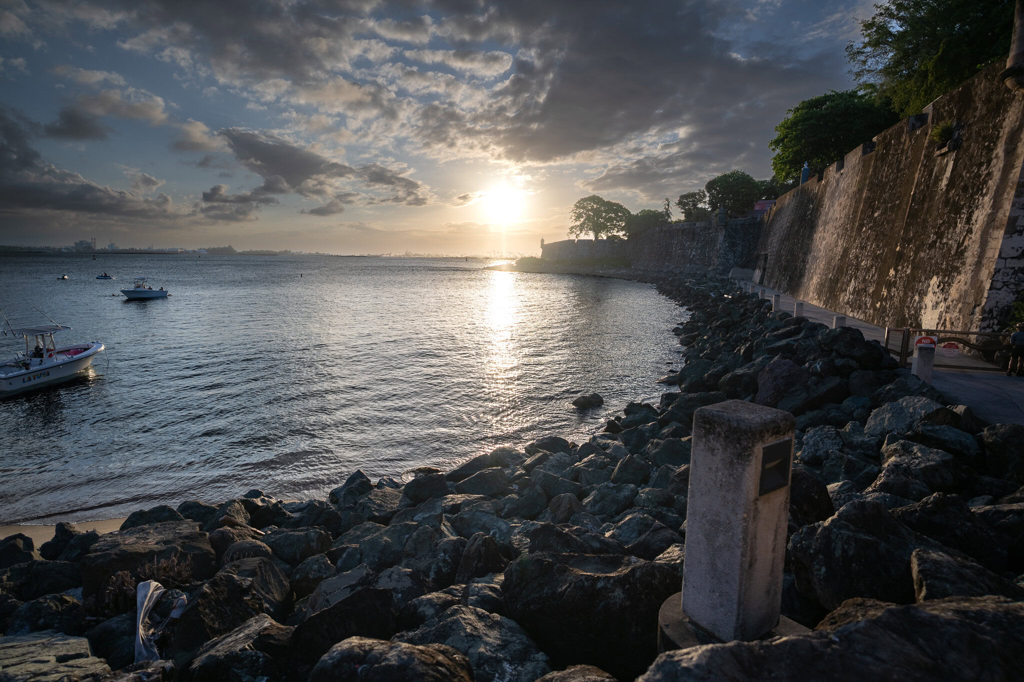 Sunset view from the historic city walls of Old San Juan overlooking San Juan Bay