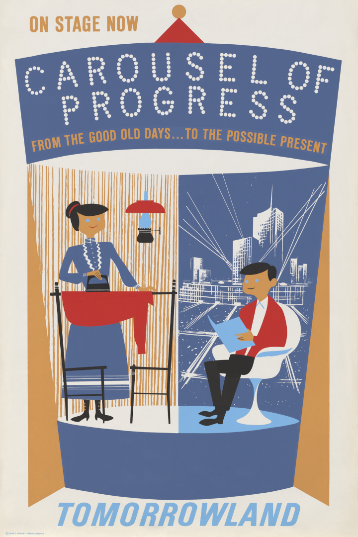 Vintage Carousel of Progress poster showing the original attraction concept transitioning from old days to the possible present.