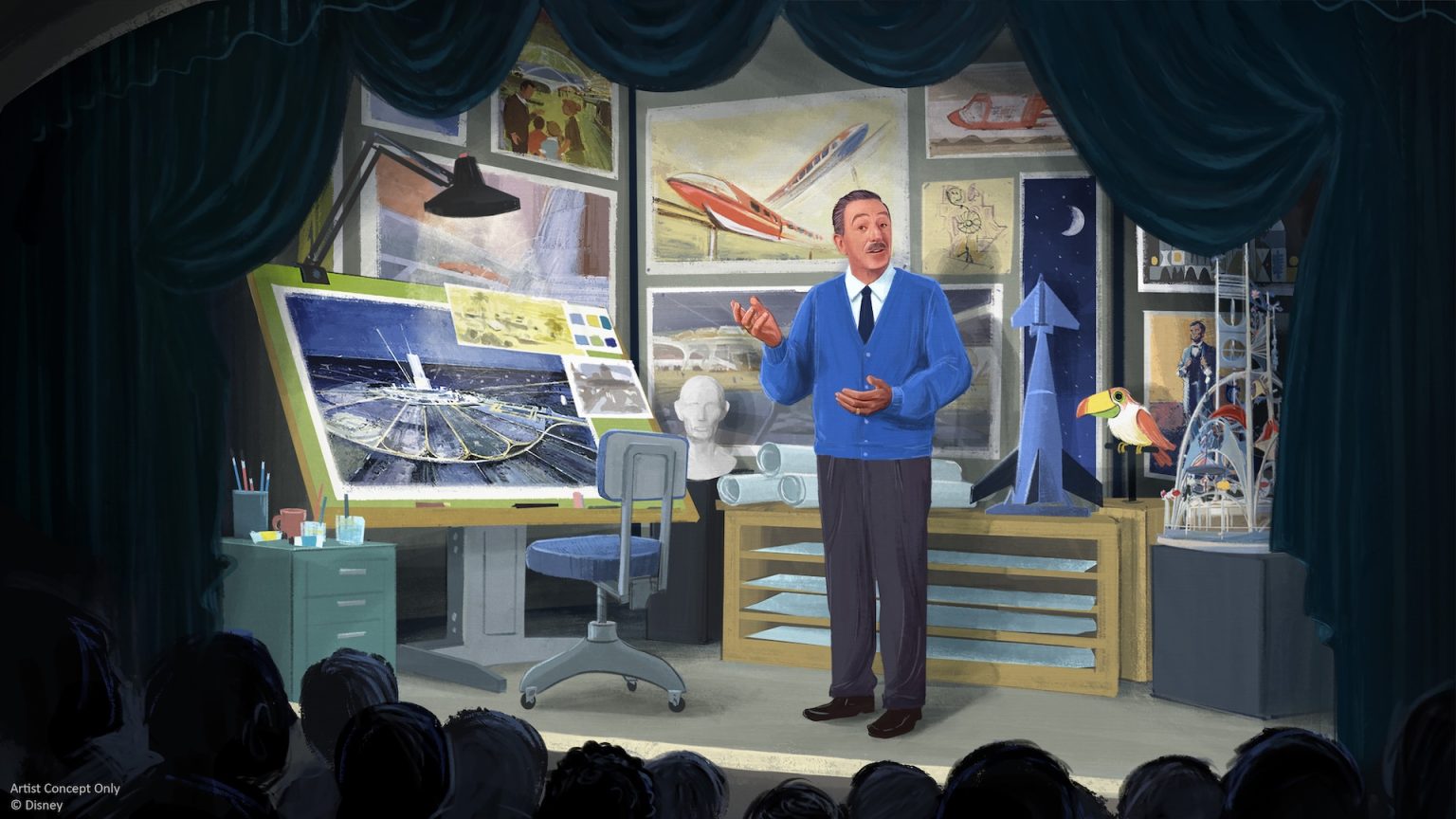 Concept art of Walt Disney presenting future ideas connected to Carousel of Progress and Tomorrowland.