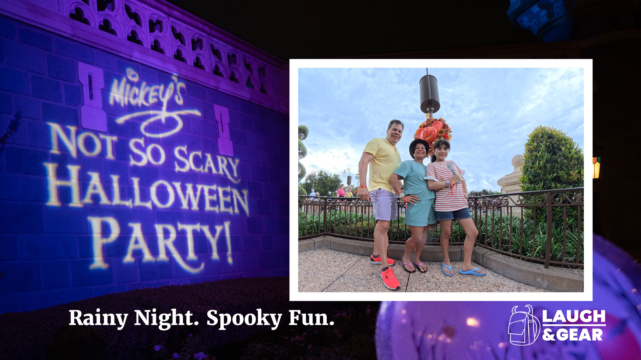 Raúl, Daniela, and Lucy at Mickey’s Not-So-Scary Halloween Party with event signage and Halloween decorations