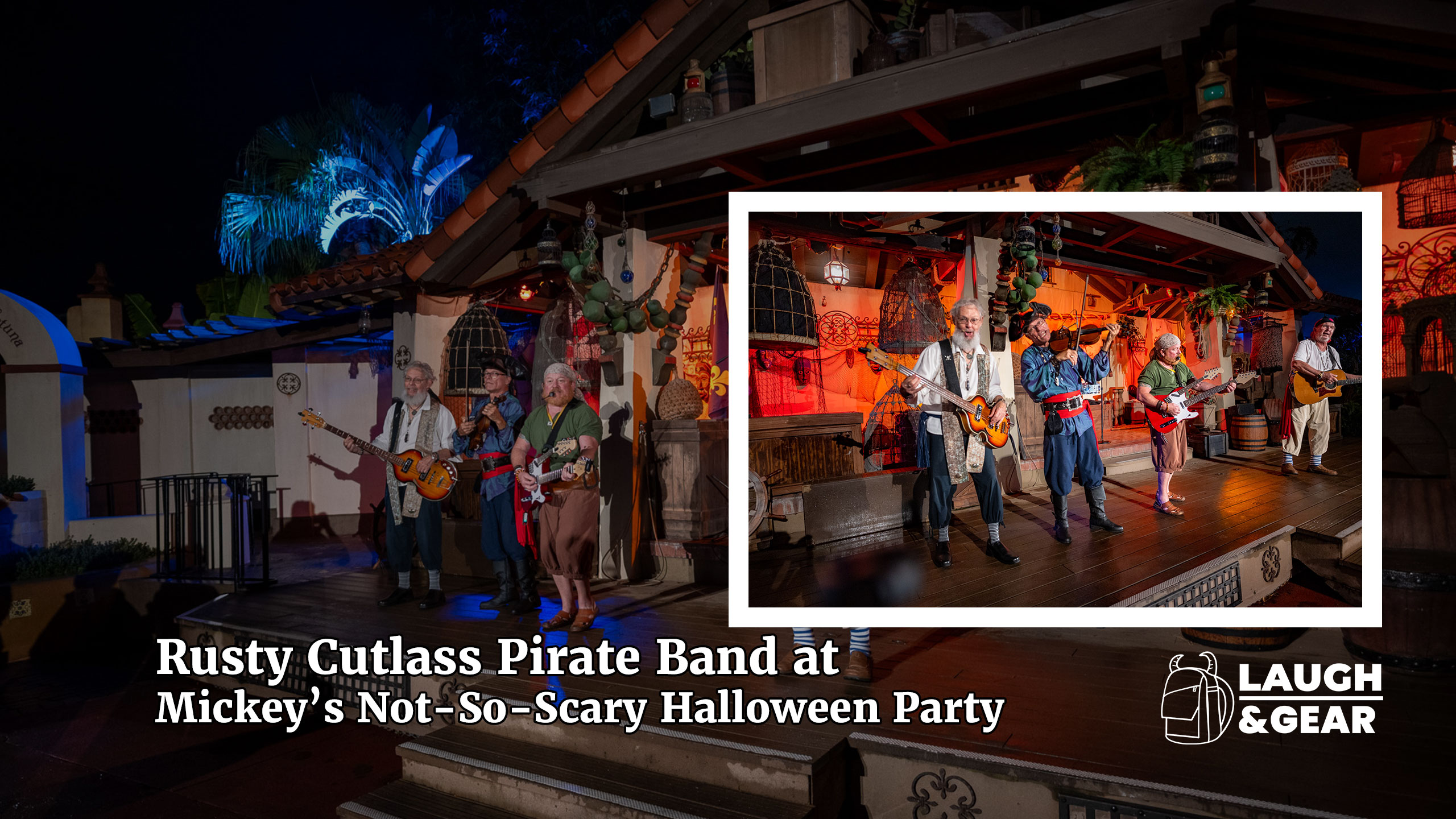 Rusty Cutlass band performing live at Mickey’s Not-So-Scary Halloween Party in Adventureland