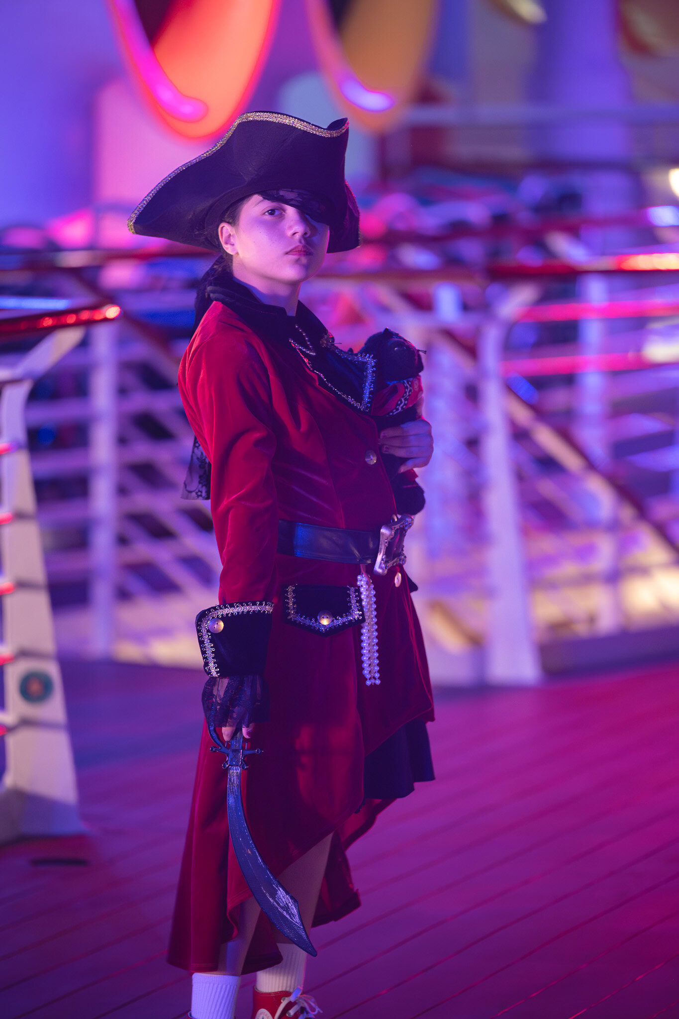 Daniela in pirate costume on Disney Magic during Pirate Night Southern Caribbean cruise