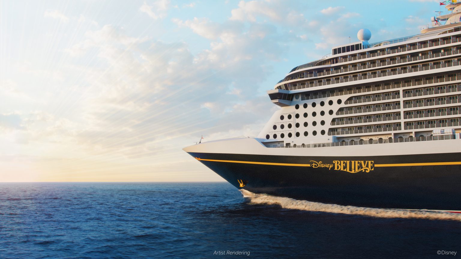 Disney Believe cruise ship sailing at sunrise artist rendering Disney Cruise Line