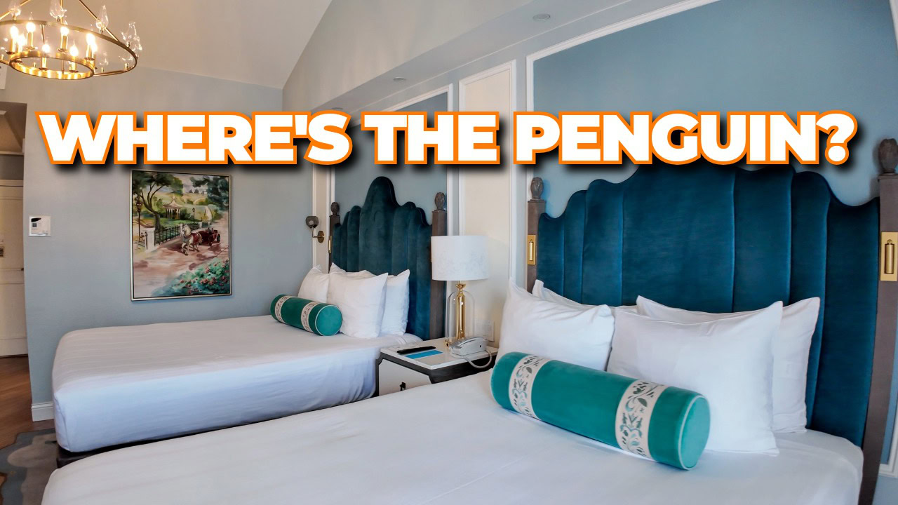 Grand Floridian Resort Studio room in Big Pine Key with two queen beds and Mary Poppins themed chandelier where the hidden penguin detail is missing