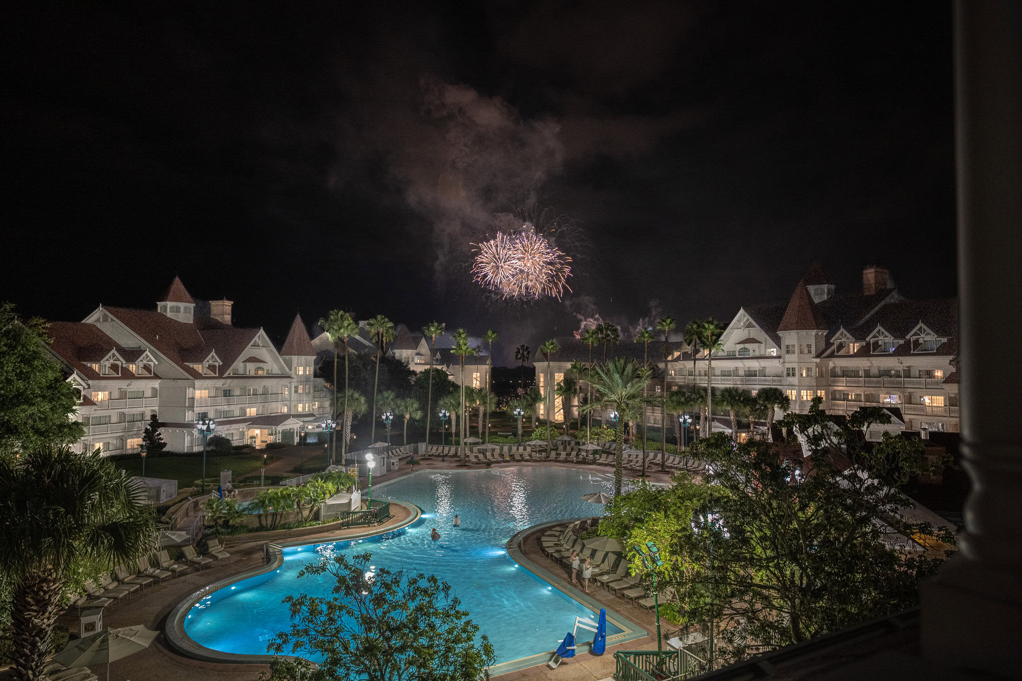 Magic Kingdom fireworks visible from Room 9402 balcony at Disney&rsquo;s Grand Floridian Resort.