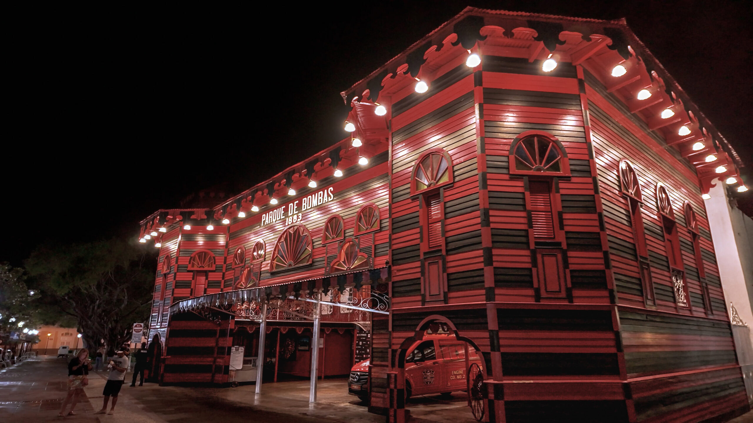 Parque de Bombas in Ponce Puerto Rico at night in Plaza Las Delicias