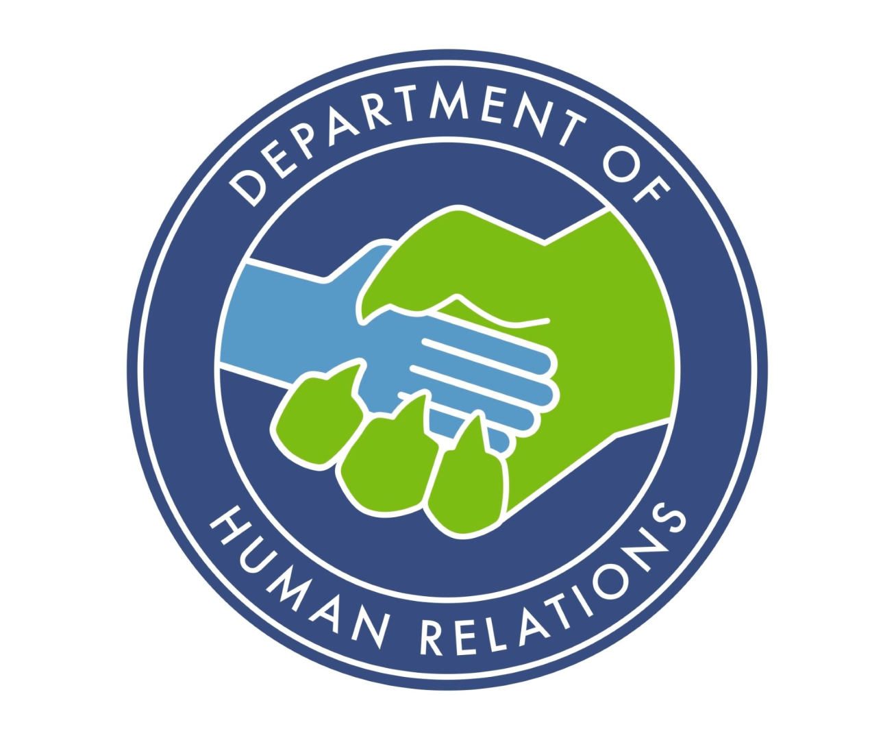 Department of Human Relations logo in Monstropolis featuring a handshake between a human and monster hand.