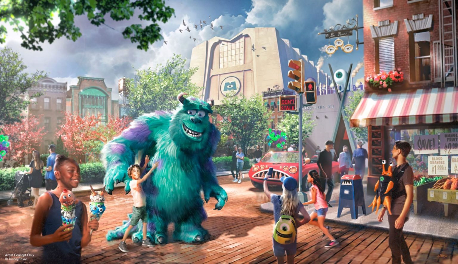 Guests interact with Sulley in Monstropolis at Disney’s Hollywood Studios during H.U.M.A.N. Day concept art.