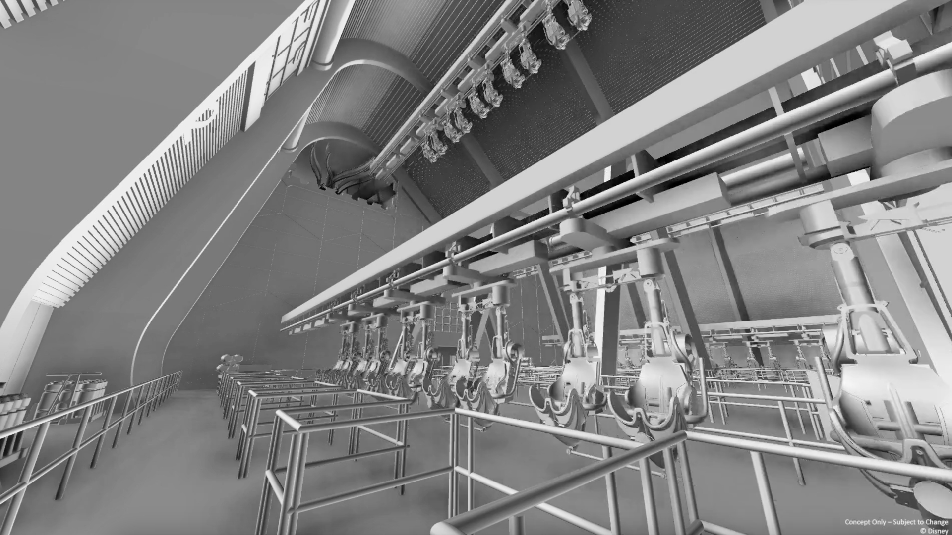 Ride vehicles suspended from overhead track inside the new Monsters Inc door coaster at Disney World.