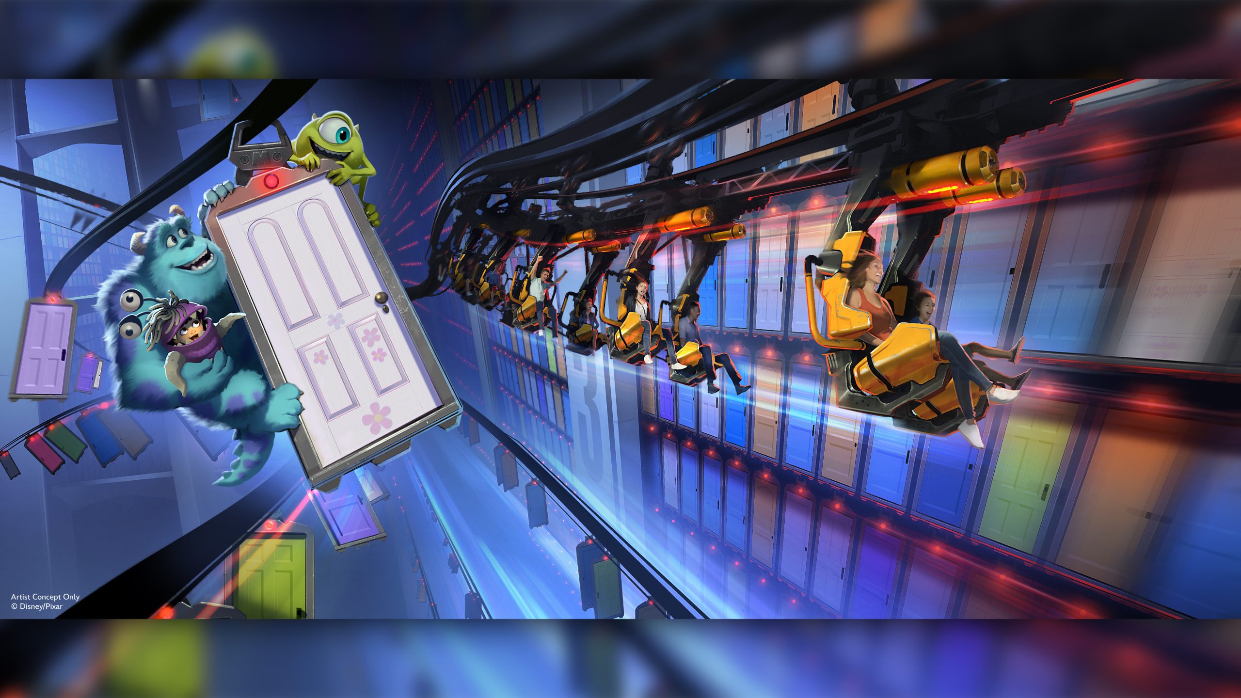 Concept art of the Monsters Inc suspended door coaster coming to Monstropolis at Disney’s Hollywood Studios.