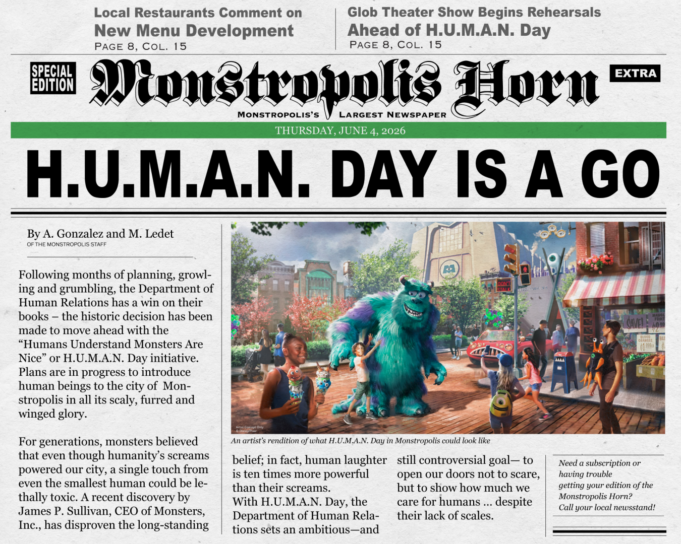 Guests explore Monstropolis at Disney’s Hollywood Studios while meeting Sulley during H.U.M.A.N. Day.