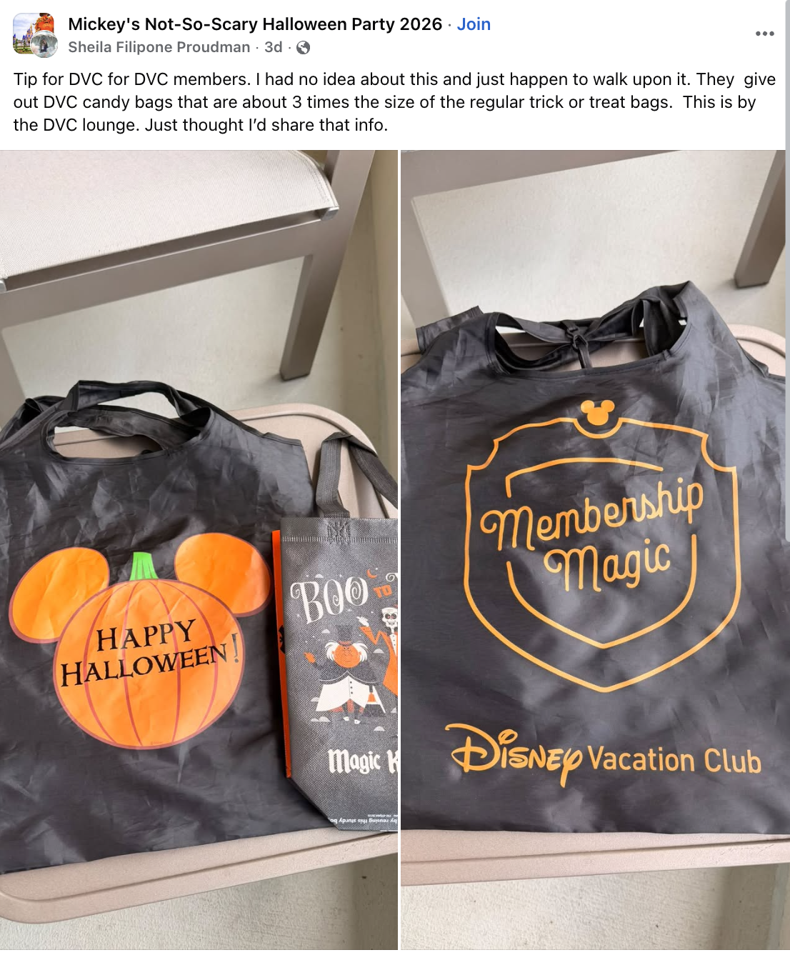 Screenshot of a Disney Vacation Club Membership Magic Halloween candy bag with an orange Mickey pumpkin design
