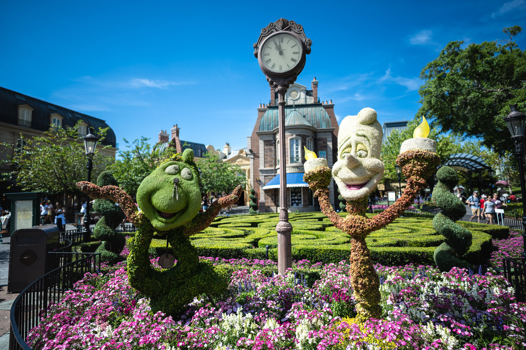 Beauty and the Beast Topiary at Epcot Lumiere and Cogsworth topiary from Beauty and the Beast at Epcot