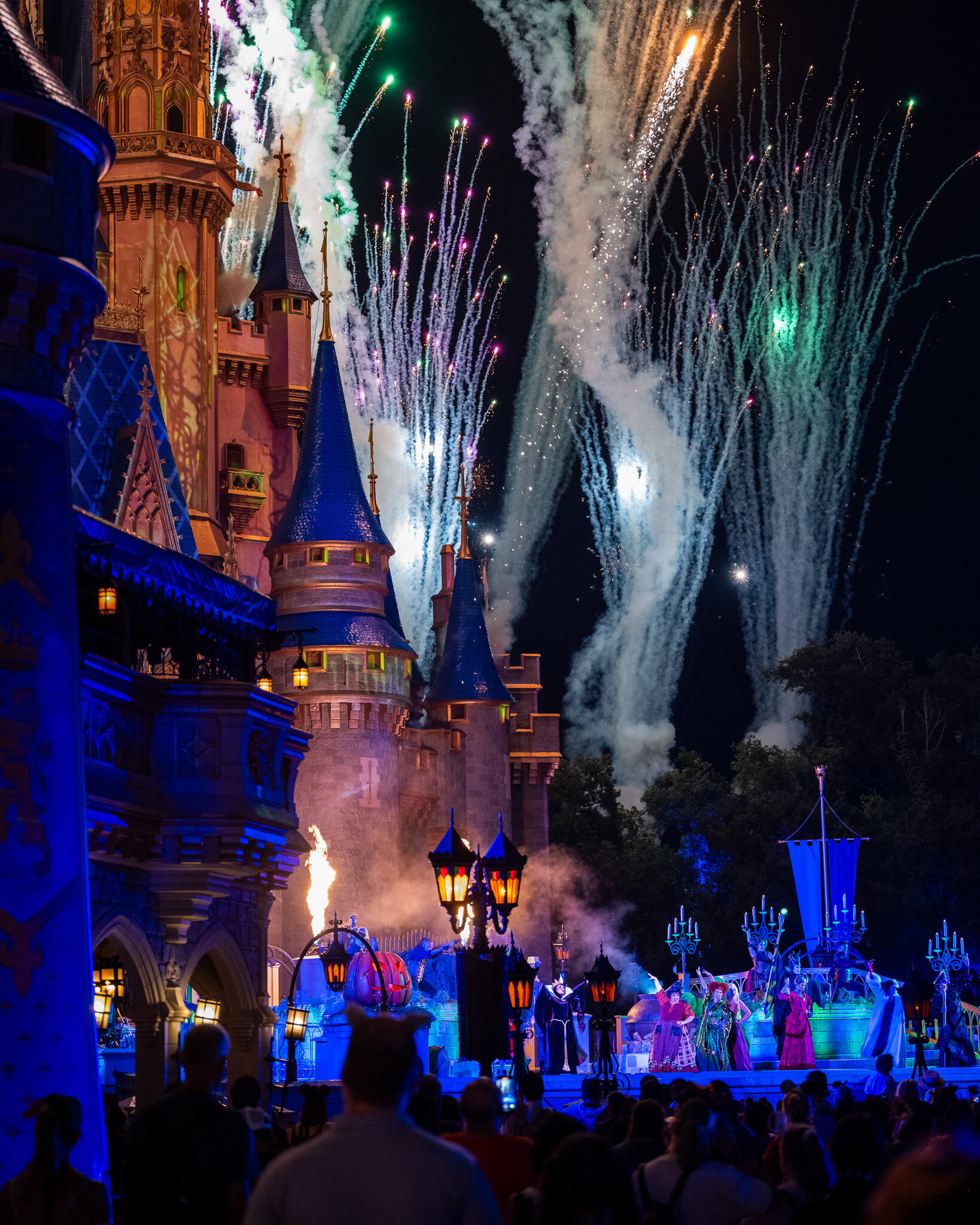 Fireworks at Hocus Pocus Villains Spelltacular Fireworks during Hocus Pocus Villains Spectacular at Cinderella Castle