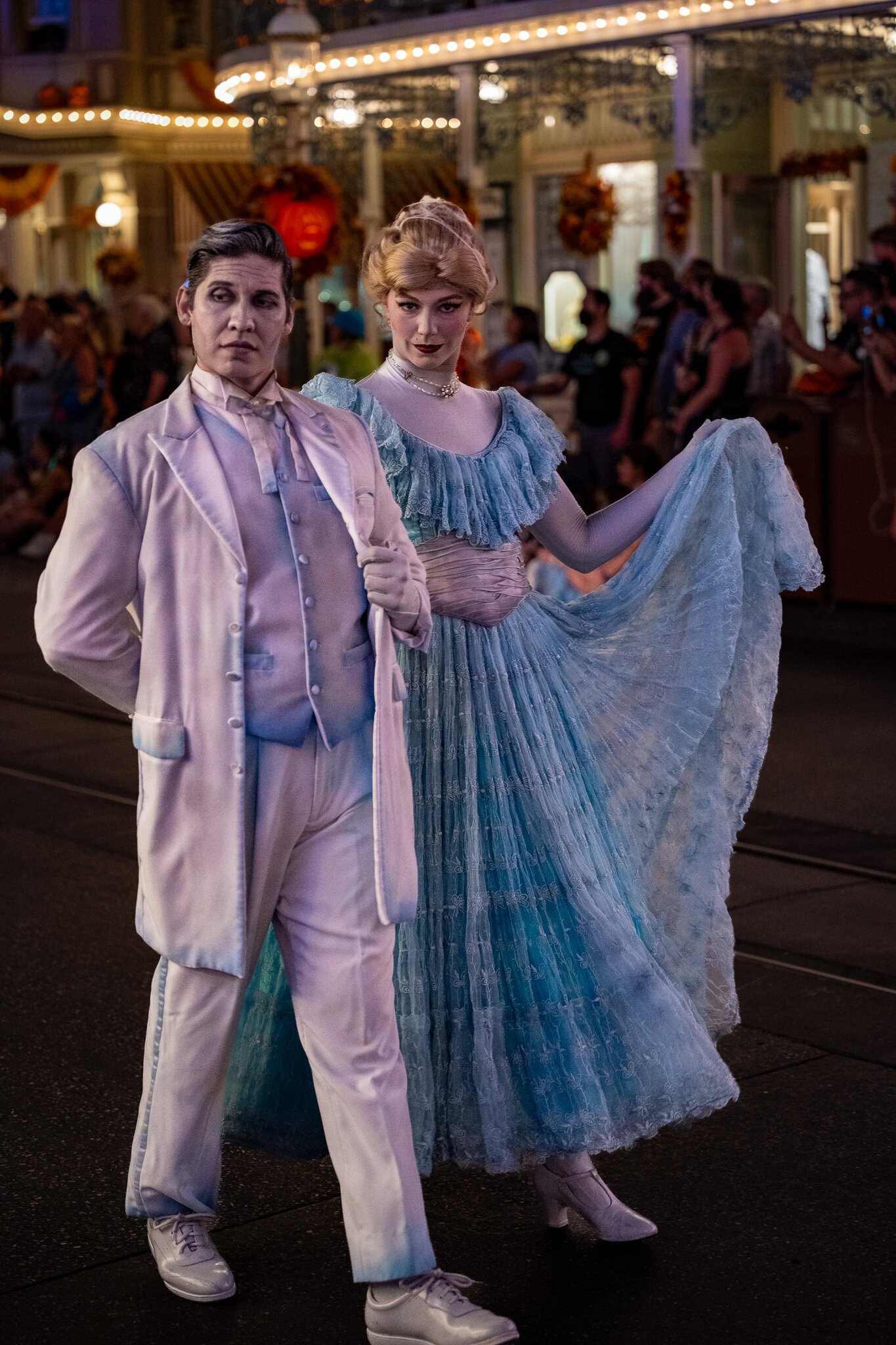 Ghostly Dancers at Halloween Parade Ghost dancers in elegant attire at Boo-to-You Parade