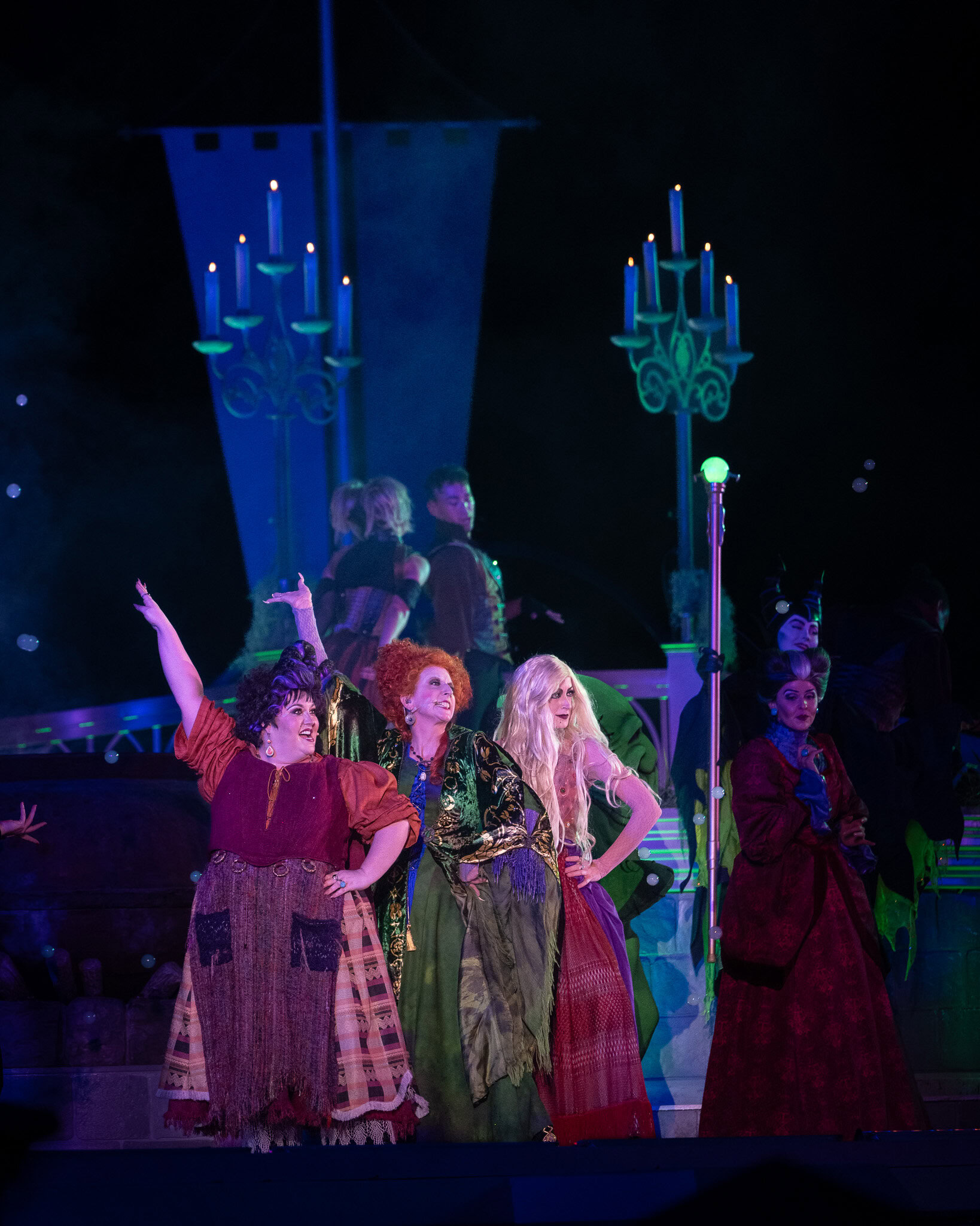 Sanderson Sisters on Stage The Sanderson Sisters performing on stage during the Hocus Pocus Villain Spelltacular show