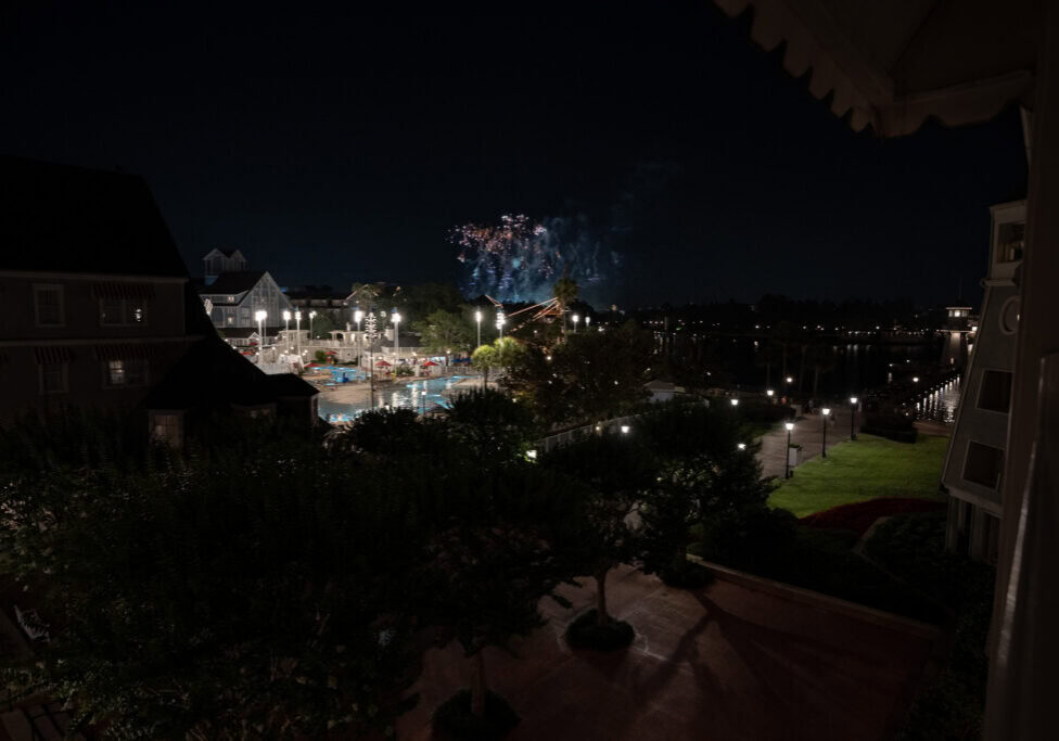 Fireworks at night viewed over Stormalong Bay at Disney’s Yacht Club Resort
