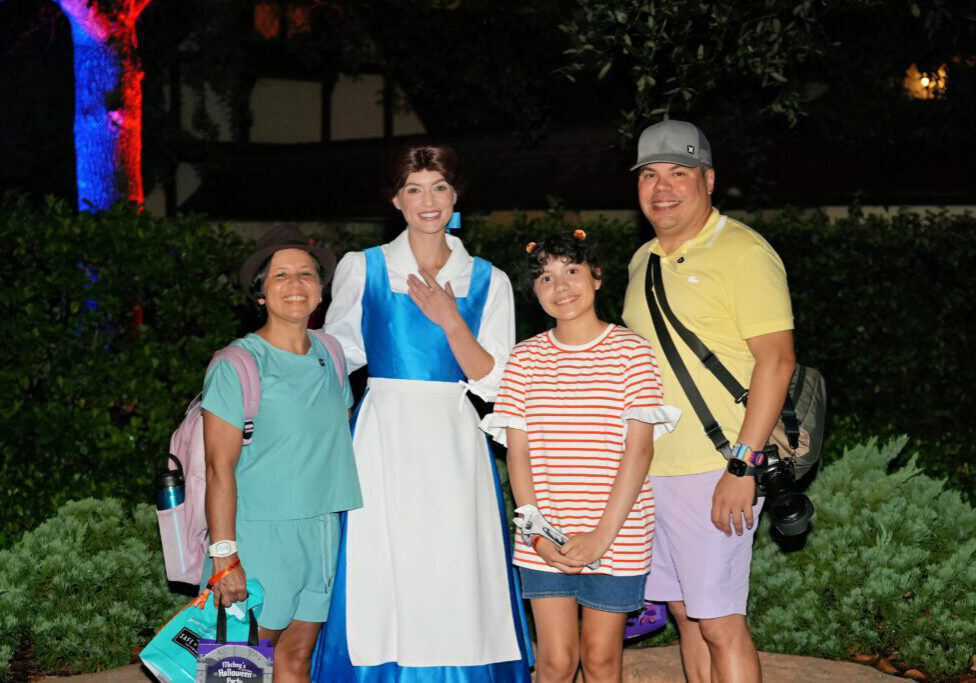 Raúl, Daniela, and Lucy meet Belle during Mickey’s Not-So-Scary Halloween Party