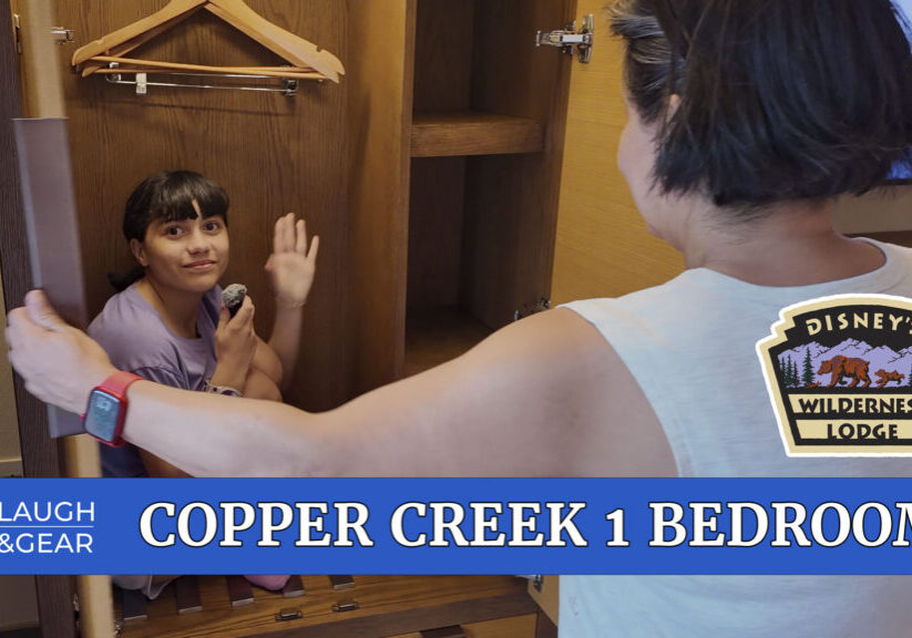 Raúl and Daniela playfully inside a closet during a Copper Creek 1 Bedroom Villa tour at Disney’s Wilderness Lodge