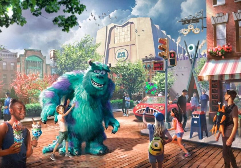 Guests interact with Sulley in Monstropolis at Disney’s Hollywood Studios during H.U.M.A.N. Day concept art.