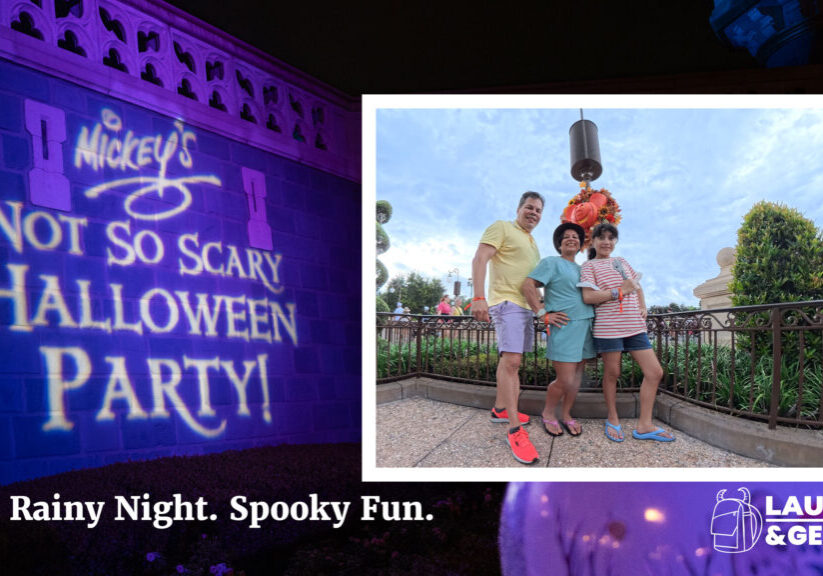 Raúl, Daniela, and Lucy at Mickey’s Not-So-Scary Halloween Party with event signage and Halloween decorations