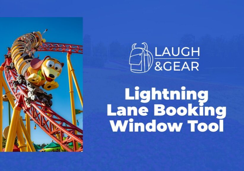 Slinky Dog Dash roller coaster at Disney’s Hollywood Studios with Laugh and Gear branding and text promoting the Lightning Lane Booking Window Tool.