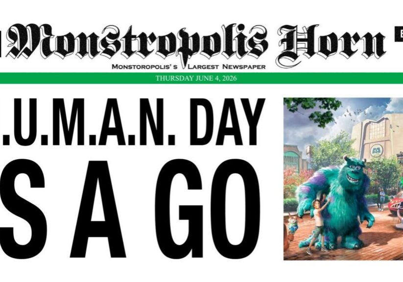 Monstropolis Horn newspaper announcing H.U.M.A.N. Day in the new Monstropolis land at Disney&rsquo;s Hollywood Studios.