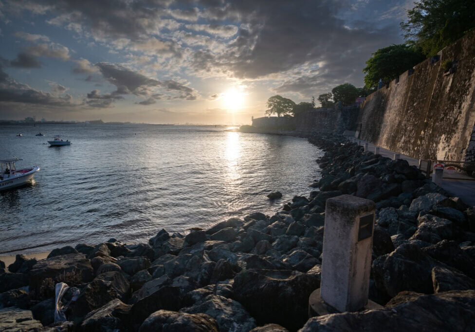 Sunset view from the historic city walls of Old San Juan overlooking San Juan Bay