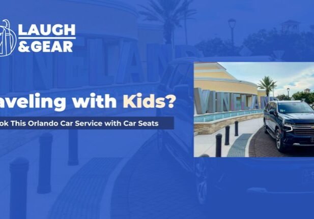 Black SUV from Gem Luxury Services parked at Orlando Vineland Premium Outlets, promoting family-friendly car service with car seats.